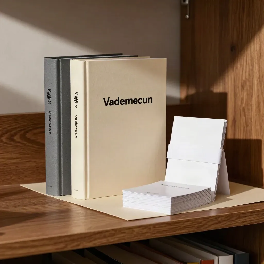 Tres libros compactos con pestañas y tarjetas apiladas sobre una repisa cálida.